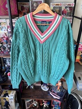 Vintage GAP Cable Knit Sweater Green Pink V Neck Women’s L Cotton Preppy